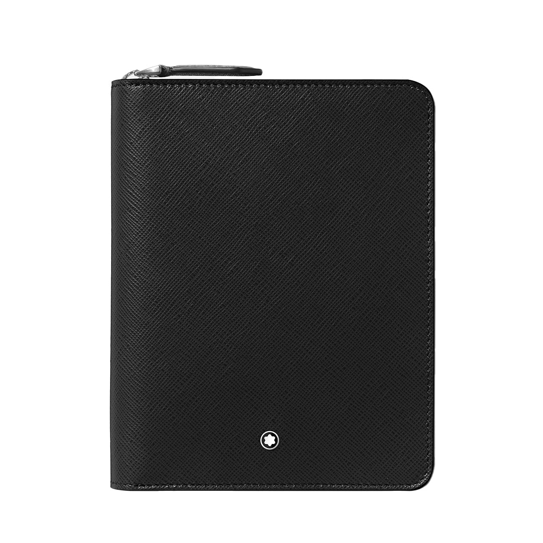 The Montblanc 5-Pen Leather Zip Pouch is a black leather accessory featuring a textured saffiano finish and a small round silver emblem near the bottom center, displayed upright against a white background.