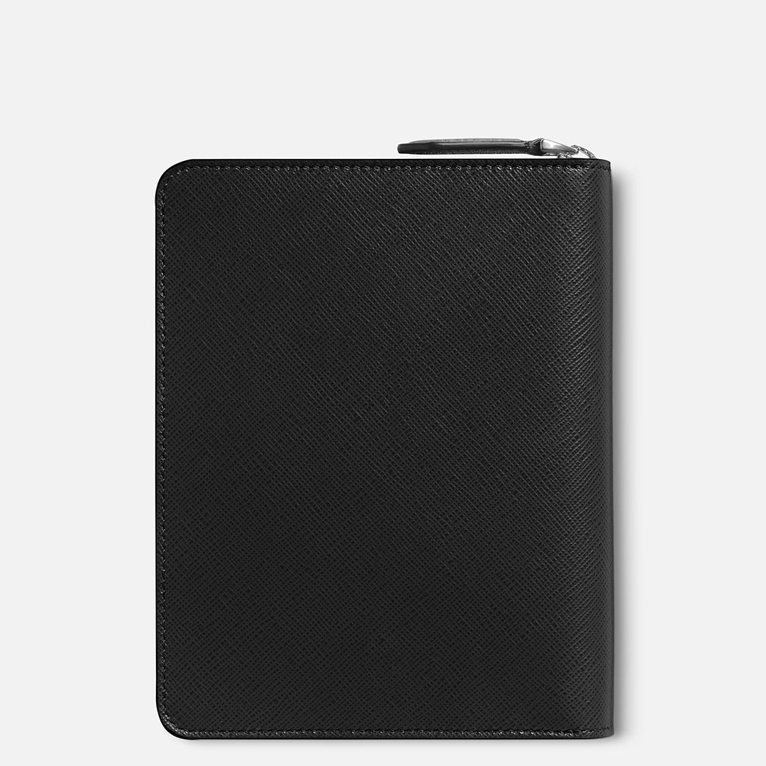 A Montblanc black textured saffiano leather 5-pen zip pouch with a sleek, minimalist design and zip-around closure boasts the Montblanc emblem, elegantly set against a light gray background.