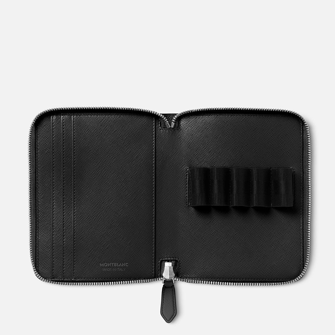 The Montblanc 5-Pen Leather Zip Pouch in black saffiano leather showcases pen slots on the right and compartments for cards or notes on the left. It features a textured interior and a small Montblanc emblem, combining style with functionality.