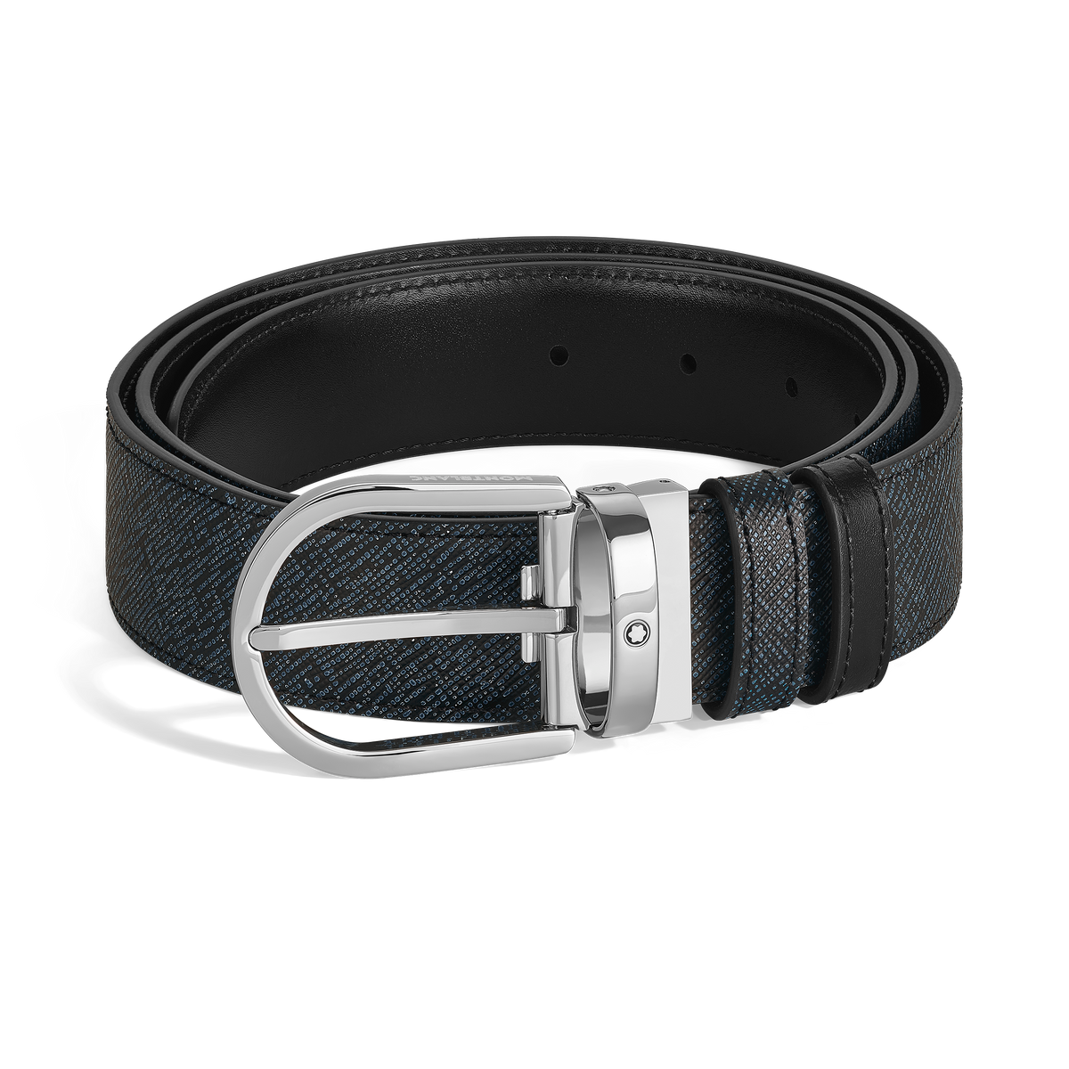 The Montblanc Horseshoe Buckle 35mm Reversible Tweed Blue and Black Leather Belt, rolled up to show its textured pattern and shiny buckle, is displayed on a white background.