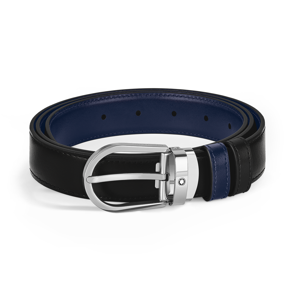 The Montblanc Horseshoe Buckle 30mm Reversible Black and Ink Blue Leather Belt features black saffiano leather, a blue inner lining, a signature buckle, and multiple holes, shown coiled on a white background.