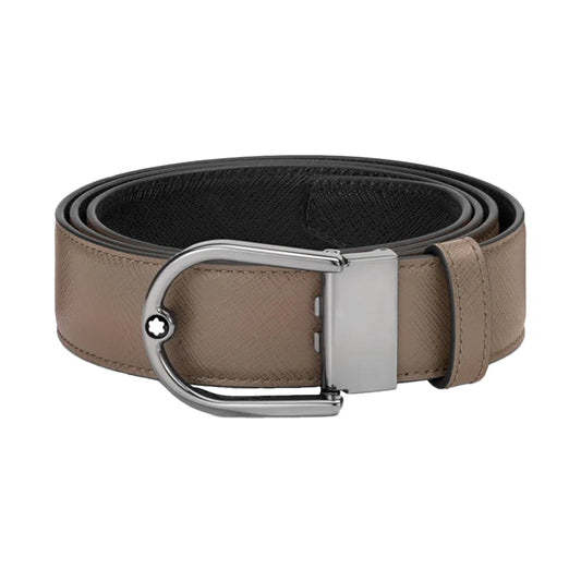 A Montblanc Horseshoe Buckle 35mm reversible belt in brown saffiano leather, featuring a silver buckle with a star-shaped emblem, textured pattern, and sleek modern design embodying Montblanc's elegance.