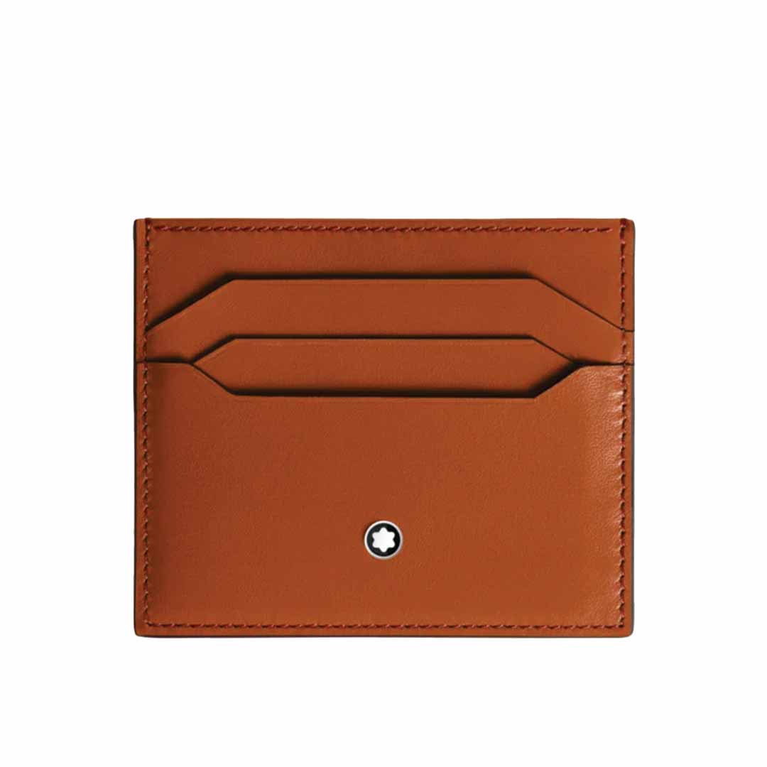 The Montblanc Meisterstück 6cc Leather Card Holder is crafted from premium brown leather and features two card slots with the iconic Montblanc emblem elegantly positioned at the bottom center.