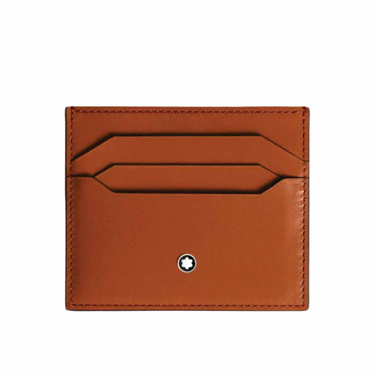 The Montblanc Meisterstück 6cc Leather Card Holder is crafted from premium brown leather and features two card slots with the iconic Montblanc emblem elegantly positioned at the bottom center.