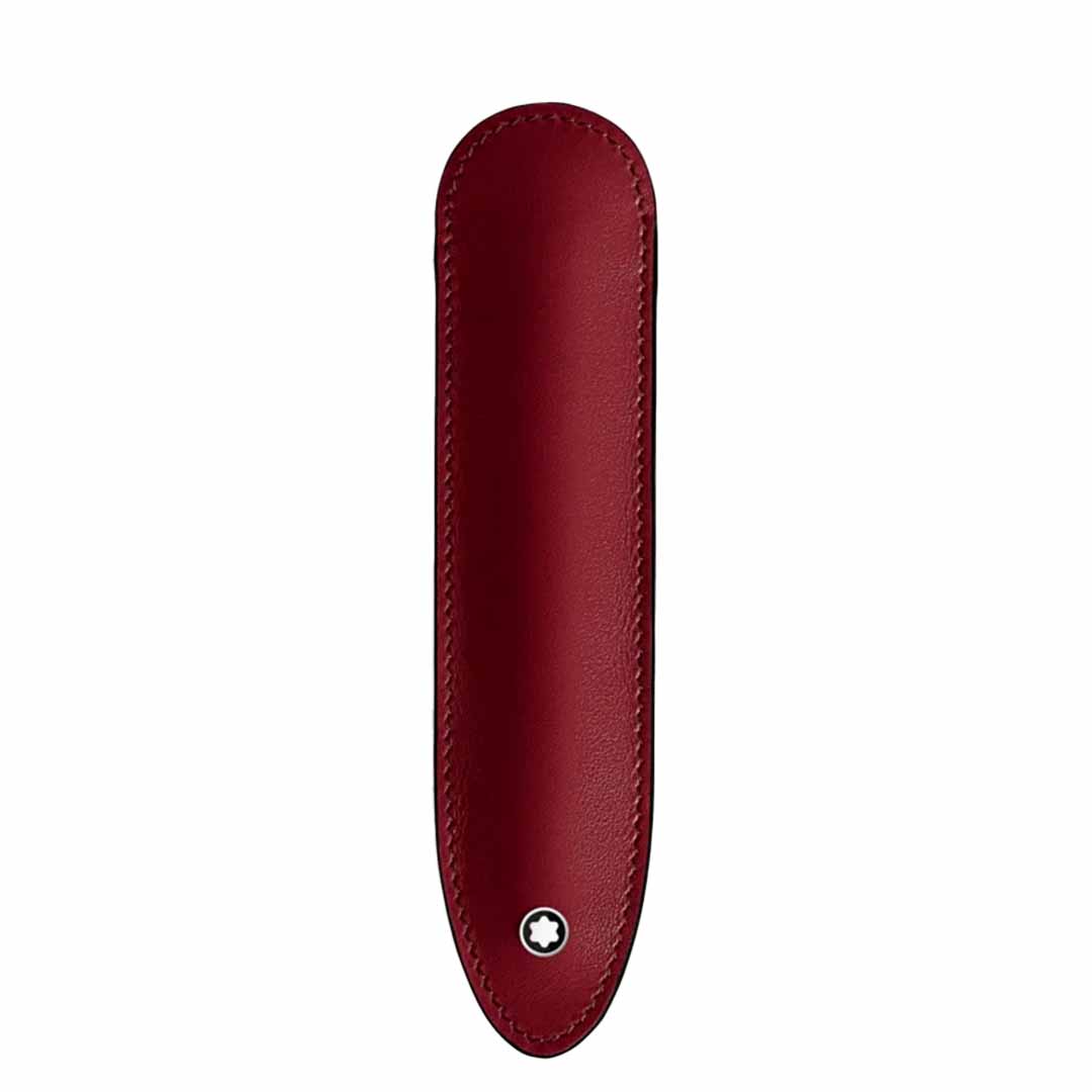 The Montblanc Sartorial Single Writing Instrument Sleeve is a red accessory crafted from Saffiano leather, featuring a textured yet smooth surface. It has a rounded top with a tapered bottom and displays a small white emblem near the base.