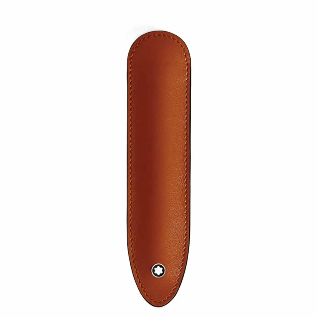 The Montblanc Meisterstück Brown 1 Pen Sleeve features a slim profile and is expertly crafted from brown leather, boasting a smooth, oval shape with detailed stitching along the edges. A small round emblem at the bottom center enhances its sophisticated leather allure.