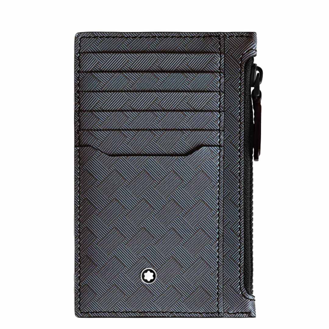 Introducing the Montblanc Extreme 3.0 8cc Leather Card Holder with Zipped Pocket, an elegant accessory from Montblanc. It features a sleek design crafted from embossed full-grain leather, boasting multiple card slots and a convenient zipper pocket. The front is adorned with a subtle checkered pattern and a small round logo at the bottom, radiating sophistication and style.