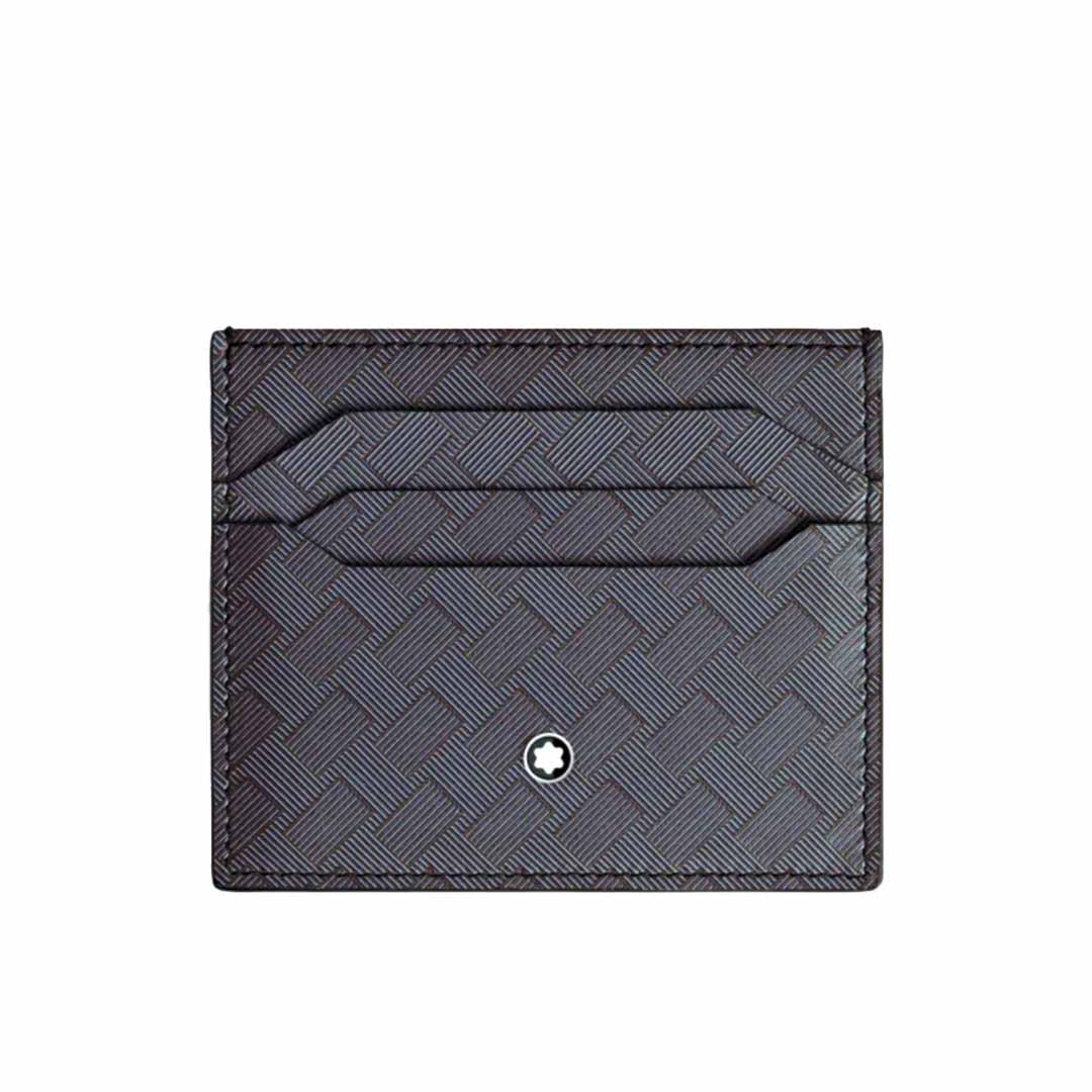 The Montblanc Extreme 3.0 6cc Leather Card Holder, crafted by Montblanc, is a textured black leather credit card holder featuring a subtle checkered pattern and a small white circular emblem at the bottom center. Made from full-grain leather, it seamlessly blends style and functionality with its multiple slots for holding cards.