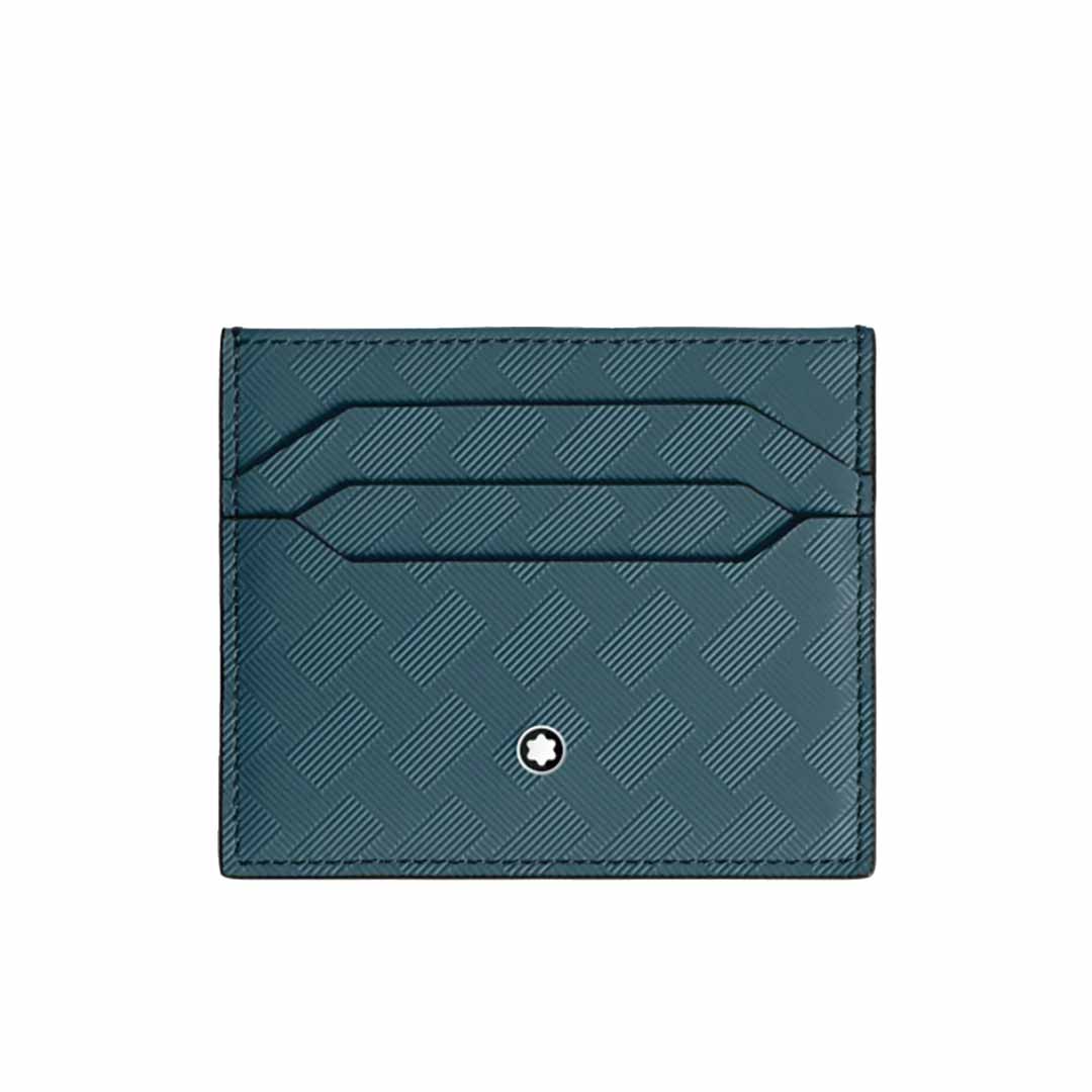 The Montblanc Extreme 3.0 6cc Leather Card Holder by Montblanc is a stylish, minimalist accessory made from leather, showcasing a textured geometric pattern with a small round metal emblem centrally placed. It includes two visible card slots for easy organization.