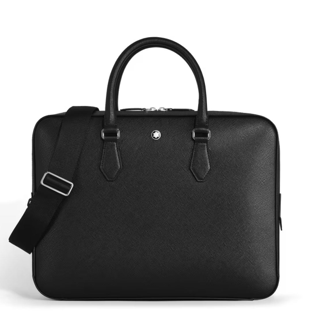 The Montblanc Sartorial Medium Leather Document Case Bag features black saffiano leather, top handles, a detachable shoulder strap, and silver hardware by Montblanc, shown against a white background.