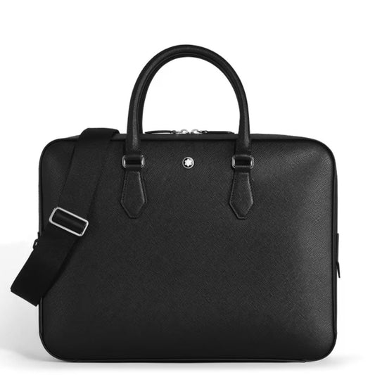 The Montblanc Sartorial Medium Leather Document Case Bag features black saffiano leather, top handles, a detachable shoulder strap, and silver hardware by Montblanc, shown against a white background.