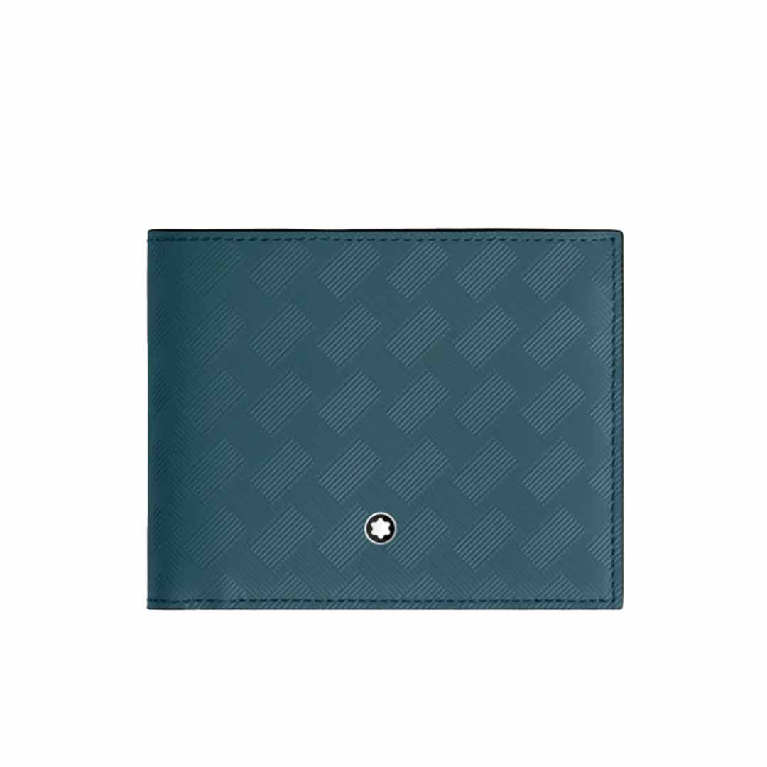 An Avio blue leather wallet featuring a textured checkered pattern, highlighted by the Montblanc emblem on the front. The Montblanc Extreme 3.0 6cc Leather Wallet radiates elegance and style.