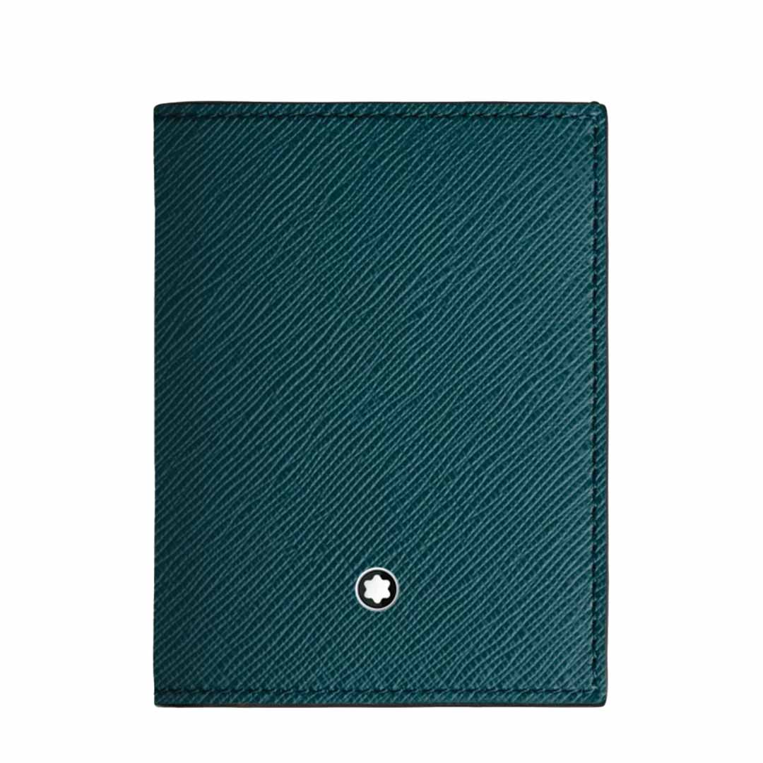 The Montblanc Sartorial 4cc Mini Leather Wallet from Montblanc is crafted in a Cyprus blue leather with textured diagonal patterns and features a discreet small circular emblem at the bottom center. It exhibits an elegant and minimalist design, complete with ample credit card slots for added convenience.