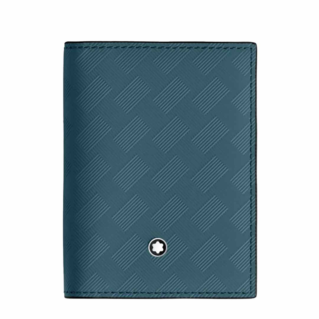 The Montblanc Extreme 3.0 4cc Leather Card Holder in teal features avio blue leather with a subtle diagonal checkered pattern and is adorned with the Extreme 3.0 motif—a small, round emblem displaying a white star in a black circle near the bottom. The card holder is showcased against a simple white background.
