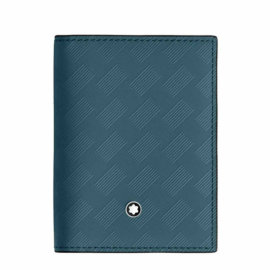The Montblanc Extreme 3.0 4cc Leather Card Holder in teal features avio blue leather with a subtle diagonal checkered pattern and is adorned with the Extreme 3.0 motif—a small, round emblem displaying a white star in a black circle near the bottom. The card holder is showcased against a simple white background.