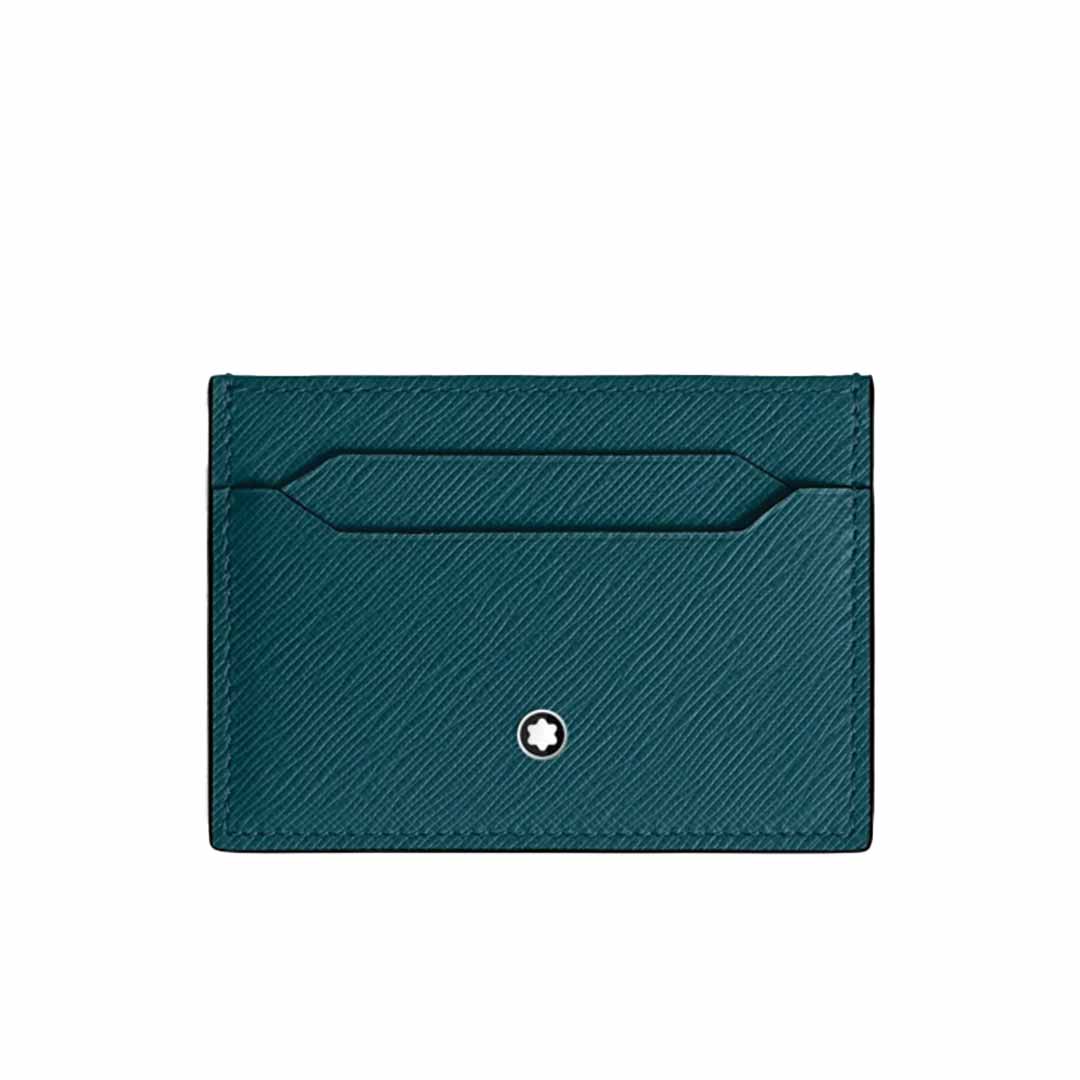 The Montblanc Sartorial 4cc Leather Card Holder is a teal accessory made from Saffiano-printed leather with a textured finish. It features the iconic Montblanc emblem in silver at the bottom center and includes two horizontal slots for your essentials, offering a sleek and minimalist design.