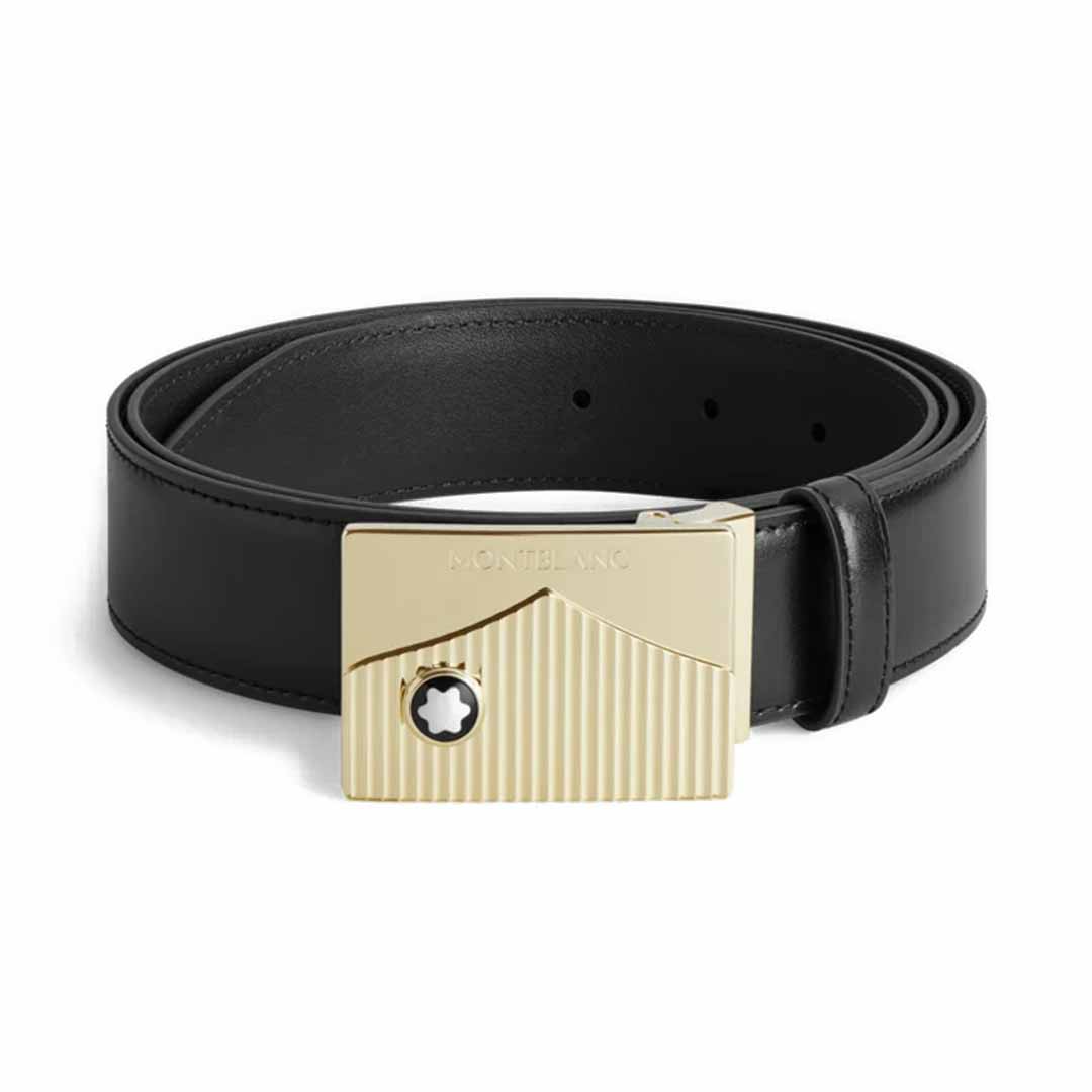 Montblanc's Black 35mm Leather Belt showcases a gold rectangular buckle with a textured design and circular emblem, prominently coiled to feature the Meisterstück belt style.