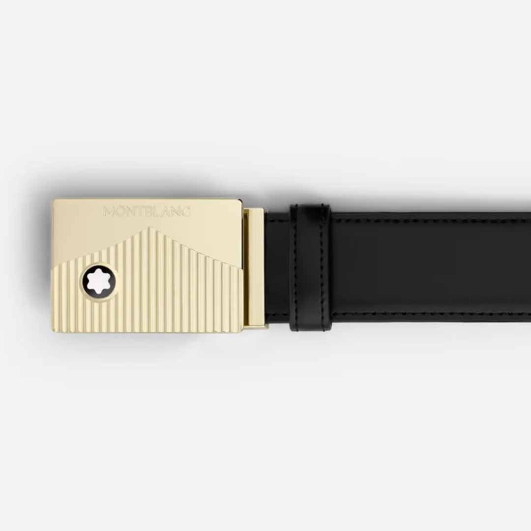 A Montblanc Black 35mm Leather Belt with a gold buckle that features the iconic Montblanc star emblem and brand name, showcasing a textured, striped design.