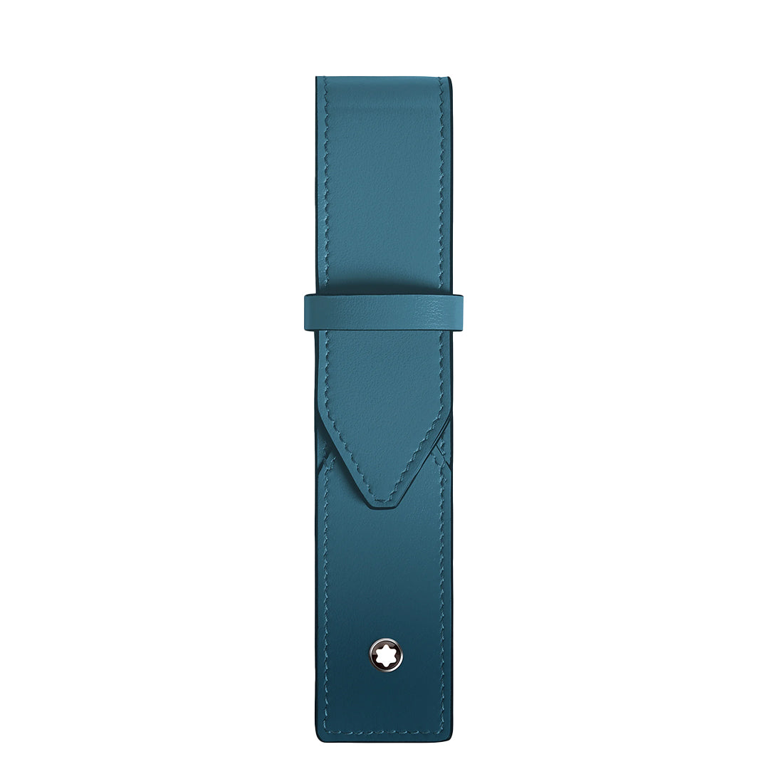 The Montblanc Meisterstück Leather Pen Pouch is a compact teal full-grain calfskin pouch with a flap closure, stitched border, and small circular silver emblem—showcasing Montblanc’s refined style.