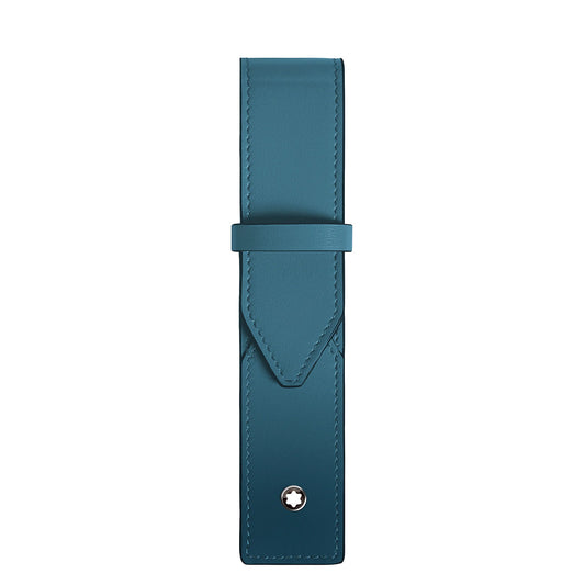 The Montblanc Meisterstück Leather Pen Pouch is a compact teal full-grain calfskin pouch with a flap closure, stitched border, and small circular silver emblem—showcasing Montblanc’s refined style.