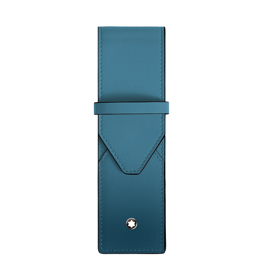 The Montblanc Meisterstuck Leather Double Pen Pouch in smoky blue sfumato-effect leather features a flap closure, visible stitching, and a white star emblem—ideal for storing your Meisterstück Classique or LeGrand pens.