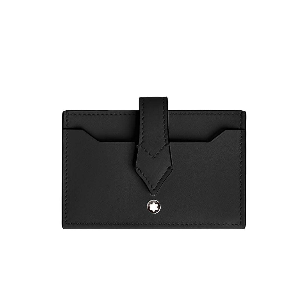 The Montblanc Meisterstück 5CC Card Holder is crafted from sleek black leather, featuring two slots and a central strap. Elegant stitching enhances its design, while a small silver Montblanc star logo adorns the bottom center.