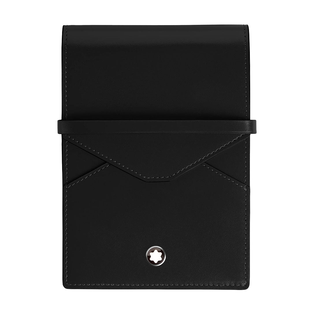 The Montblanc Meisterstuck 5 Pen Leather Pouch is a black leather case with white stitching, an envelope-style flap, a round white Montblanc emblem at the bottom center, and holds up to five pens.