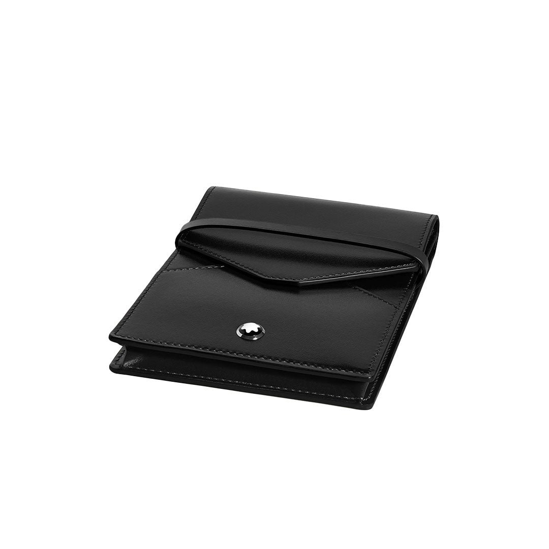 The Montblanc Meisterstuck 5 Pen Leather Pouch in black features a snap button closure, interior pen slots, clean stitching, and a shiny metallic accent on the front flap.