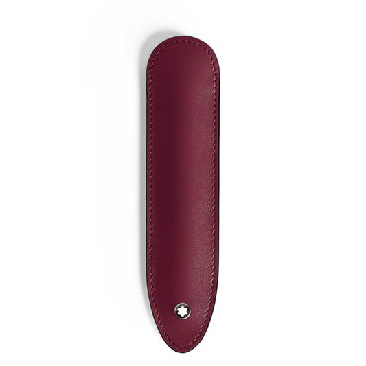 The Montblanc Meisterstück 1 Pen Sleeve is a burgundy leather pen pouch featuring stitched edges and a small round silver emblem at the tip, displayed against a white background.