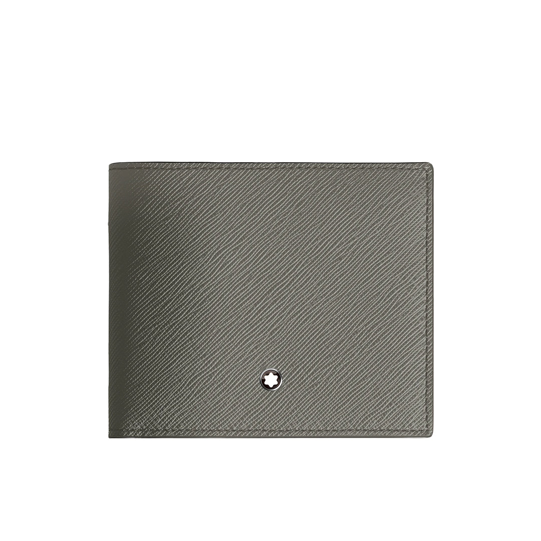The Montblanc Sartorial 8CC Leather Wallet, featuring gray Saffiano-printed leather and a small round white and black Montblanc emblem on the front, is shown closed against a plain white background.