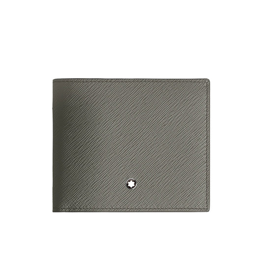 The Montblanc Sartorial 8CC Leather Wallet, featuring gray Saffiano-printed leather and a small round white and black Montblanc emblem on the front, is shown closed against a plain white background.