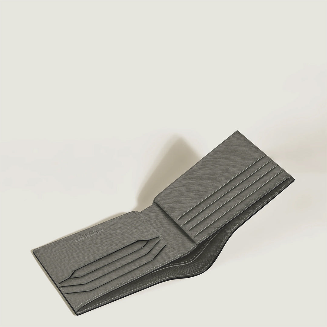 The Montblanc Sartorial 8CC Leather Wallet in grey Saffiano leather is open on a white background, showcasing its sleek, compact design and multiple card slots on both sides.