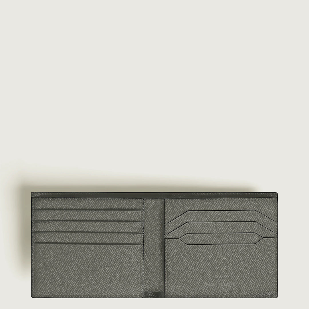 The Montblanc Sartorial 8CC Leather Wallet, shown open against a light beige background, features Saffiano-printed gray leather with multiple card slots and compartments on each side in a compact design.