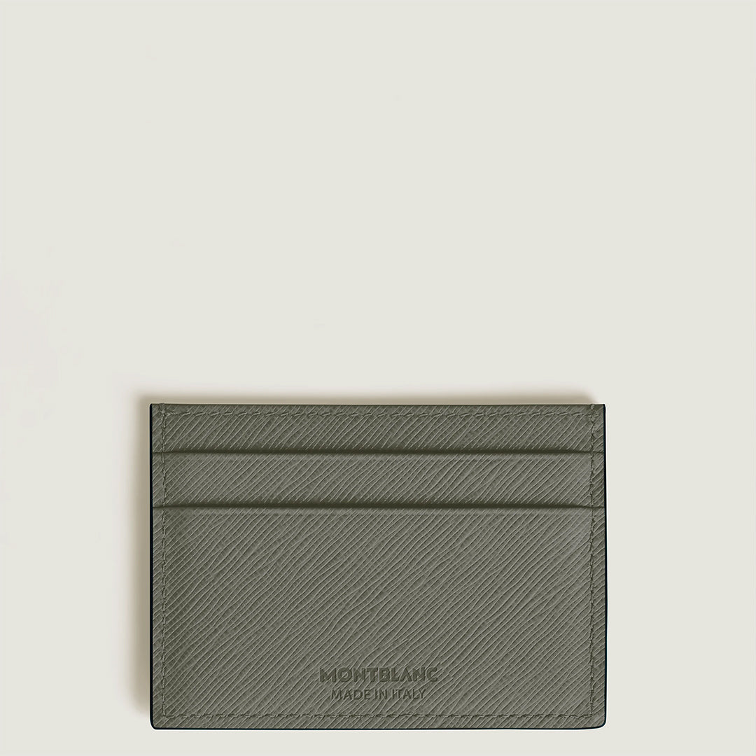 The Montblanc Sartorial Grey 5CC Leather Card Holder features Saffiano-printed leather, three horizontal card slots, and the Montblanc emblem, displayed on a plain off-white background.