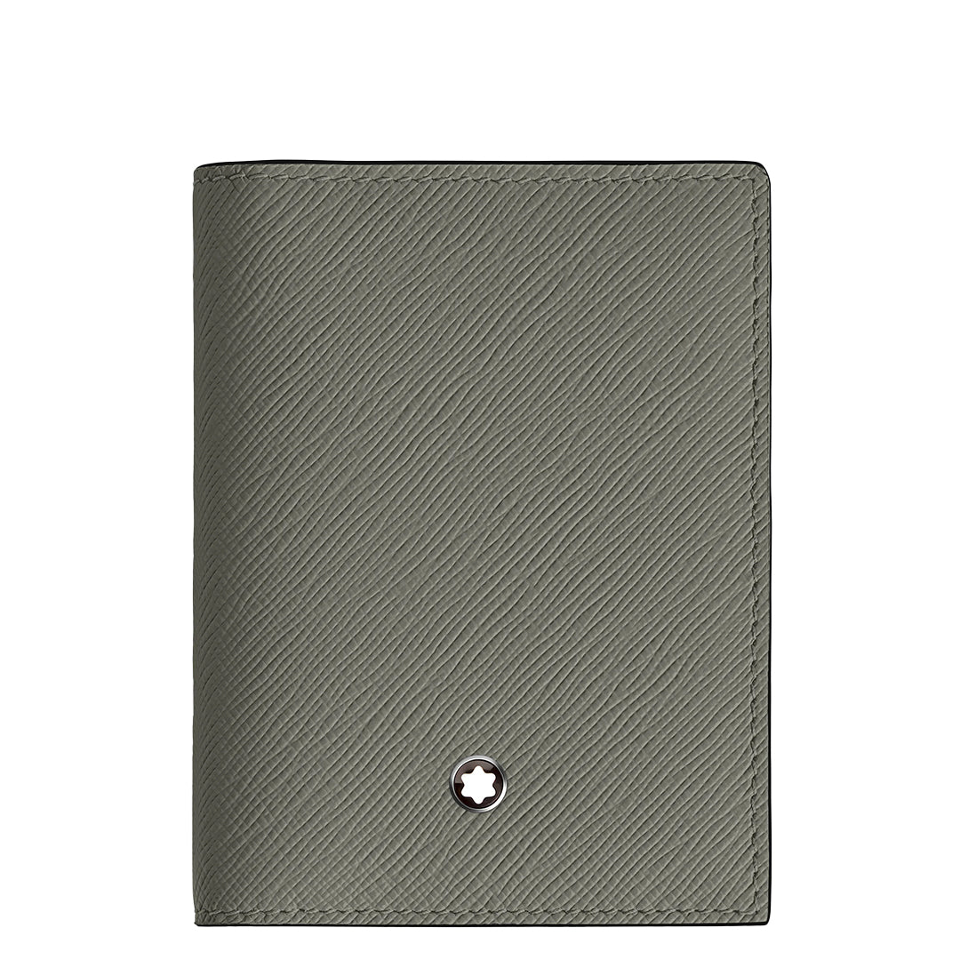 The Montblanc Sartorial 4CC Leather Card Holder, crafted from textured gray Saffiano-printed leather, is displayed closed with a small circular Montblanc emblem featuring a white star near the bottom center against a plain white background.