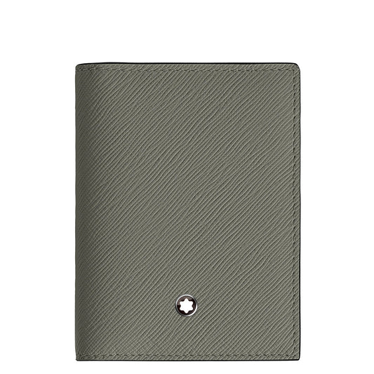 The Montblanc Sartorial 4CC Leather Card Holder, crafted from textured gray Saffiano-printed leather, is displayed closed with a small circular Montblanc emblem featuring a white star near the bottom center against a plain white background.