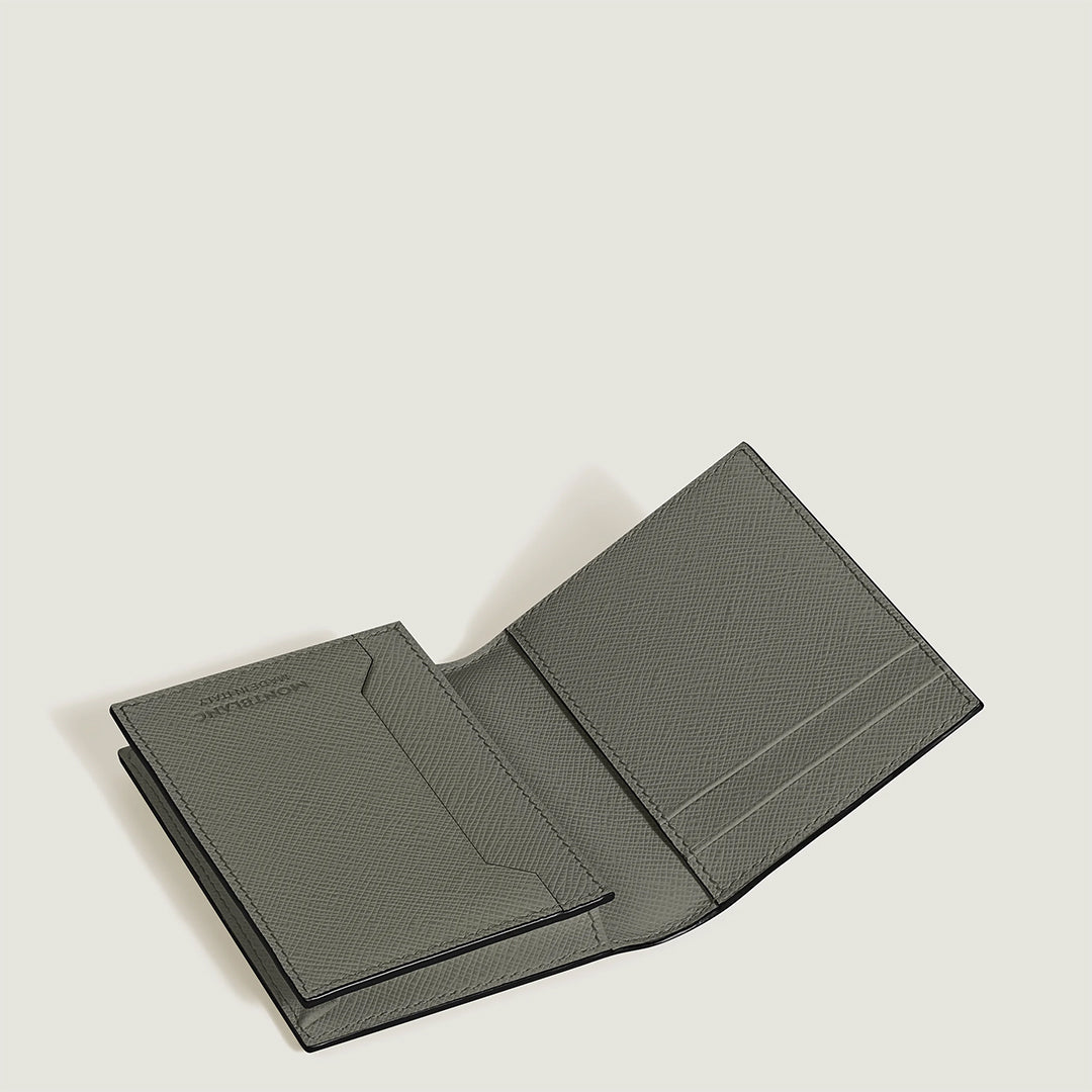 The Montblanc Sartorial 4CC Leather Card Holder, shown open on a plain light background, displays its Saffiano-printed gray leather finish with multiple credit card slots and a pocket.