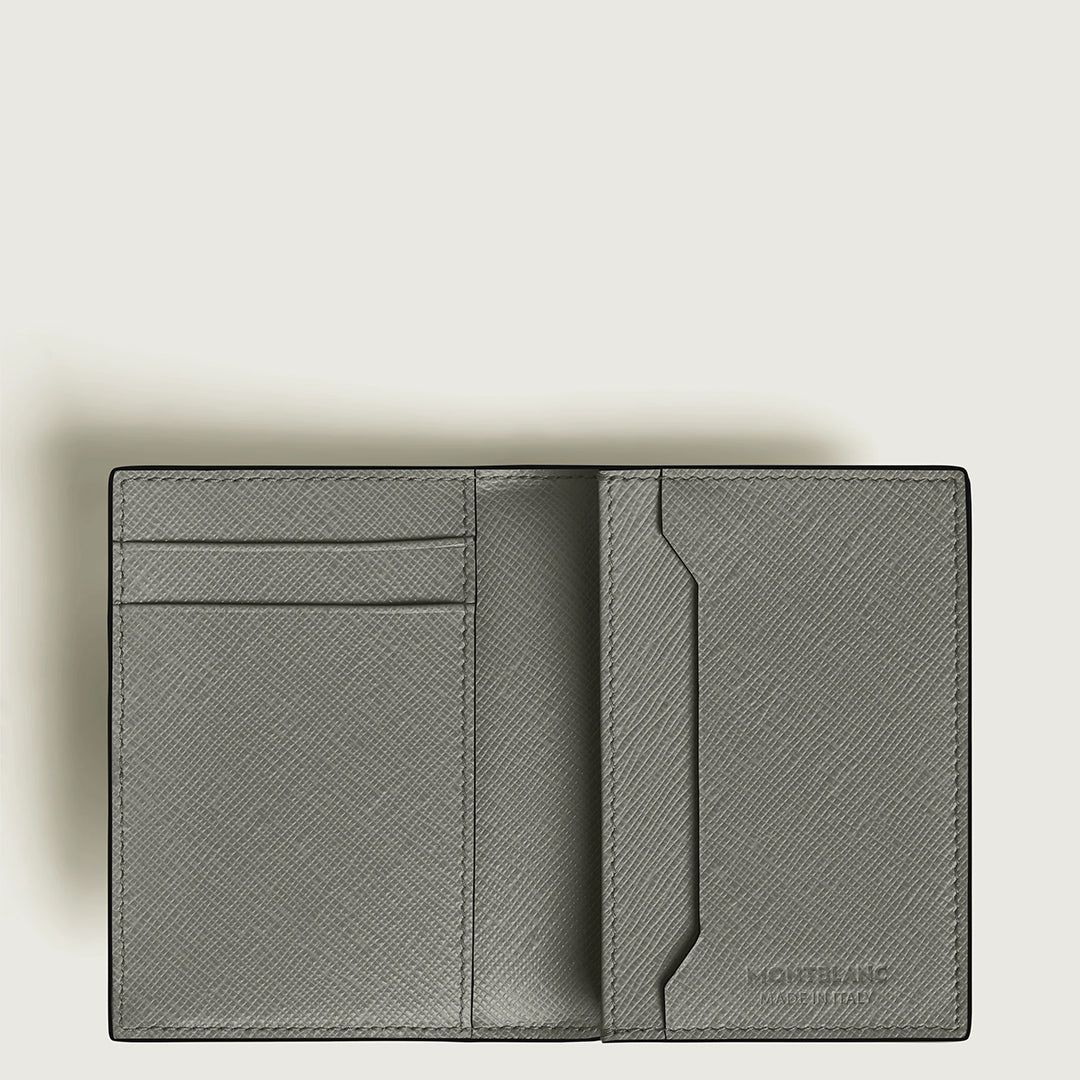 The Montblanc Satorial 4CC Leather Card Holder in open gray Saffiano leather features three left card slots, a larger right pocket, and visible "Montblanc" branding inside, shown against a light background.