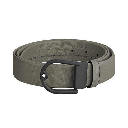 The Montblanc Horseshoe Buckle 35MM Grey Leather Belt features Saffiano-patterned grey leather, a matte black horseshoe pin buckle, and multiple adjustment holes, shown rolled up on a white background.