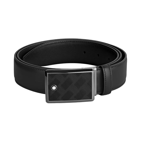 The Montblanc 35mm Black Leather Belt features a sleek silver plate buckle with an Extreme 3.0 motif, showcasing a subtle geometric pattern and a small white emblem on one side.