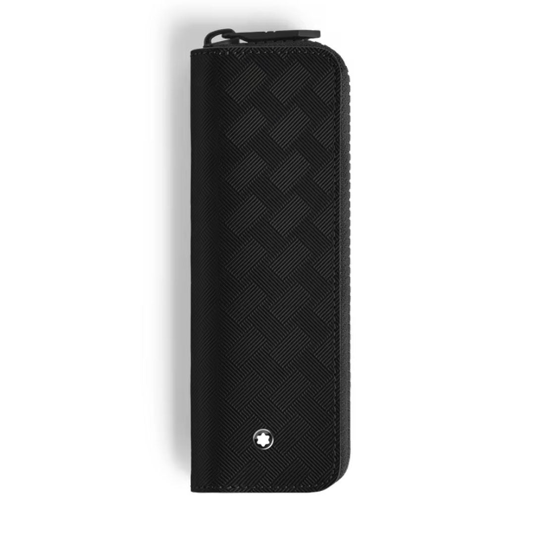The Montblanc Extreme 3.0 Black Leather Single Pen Pouch features a textured checkered pattern, top zipper, and signature white emblem near the bottom, shown against a white background.