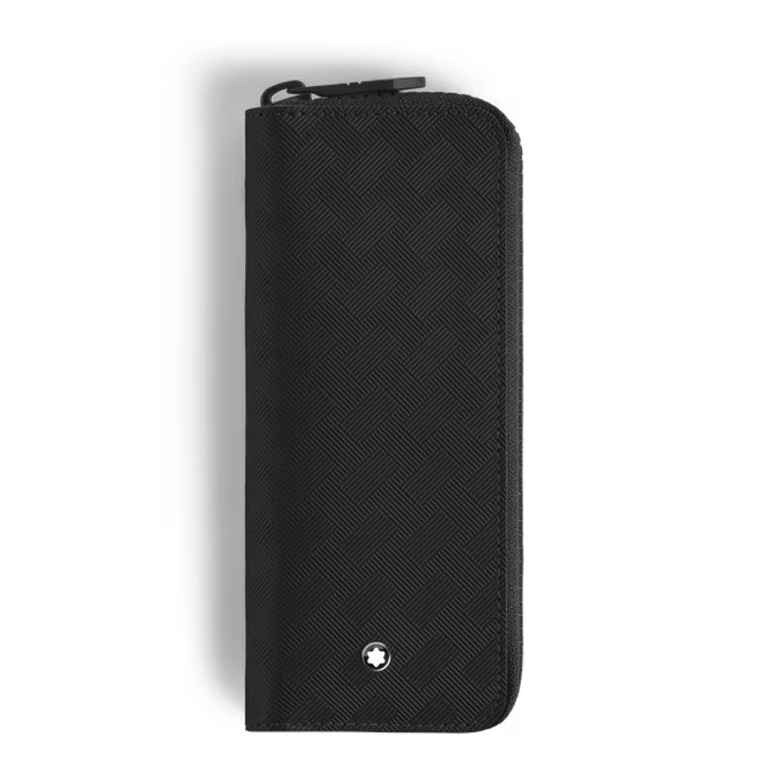 A Montblanc Extreme 3.0 Black Leather Double Pen Pouch with a subtle checkered texture and a small round white star emblem near the bottom center, photographed against a white background.