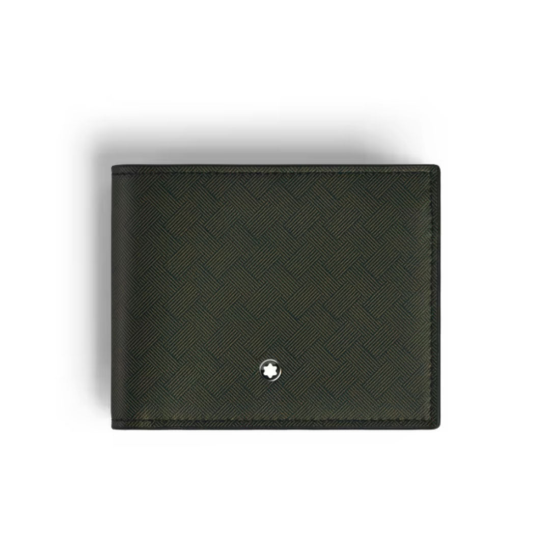 The Montblanc Extreme 3.0 6CC Leather Wallet by Montblanc features dark green textured leather with a geometric pattern and small white emblem, shown against a plain white background—a stylish choice for everyday use.
