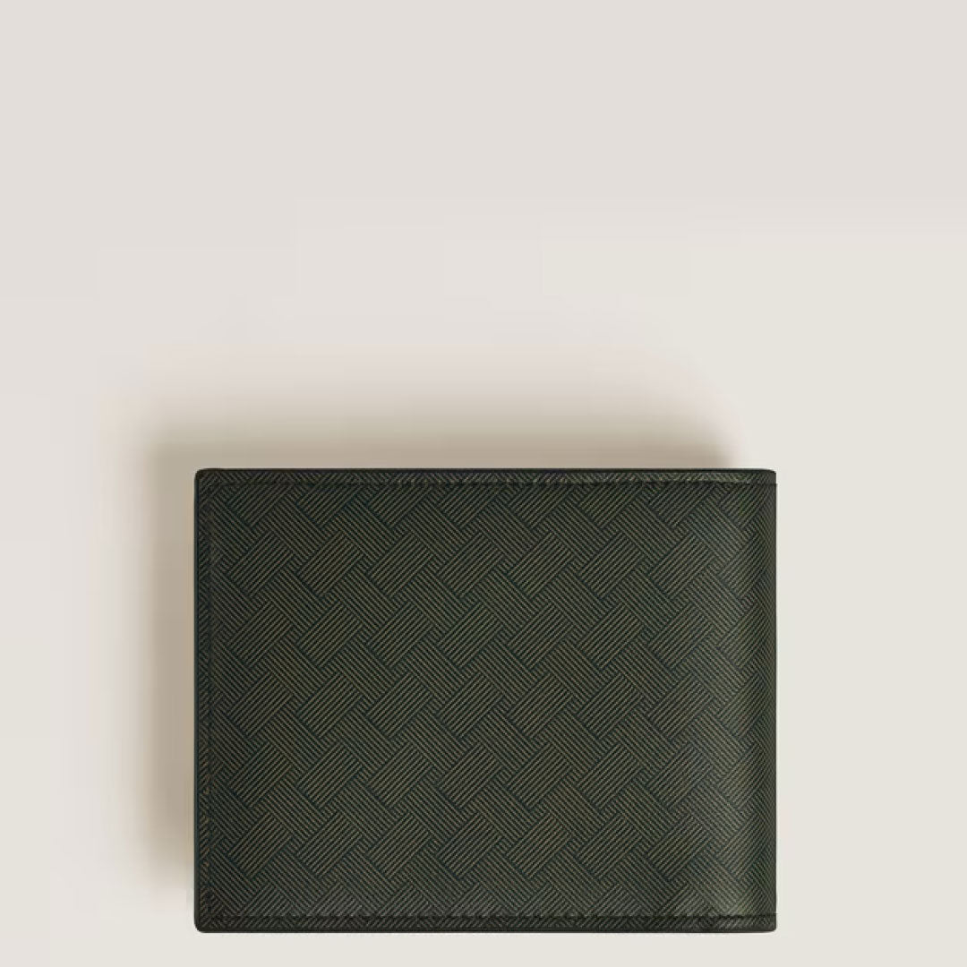The Montblanc Extreme 3.0 6CC Leather Wallet, in dark green multikhaki with a subtle diagonal checkered pattern, rests on a plain, light-colored surface.