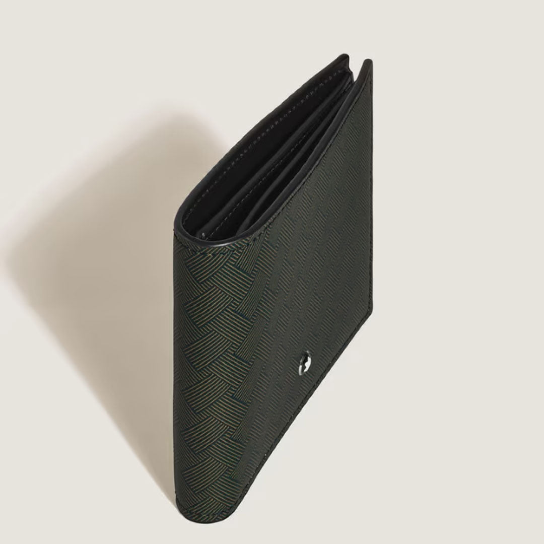 The Montblanc Extreme 3.0 6CC Leather Wallet by Montblanc, featuring a black patterned design, stands upright and partially open on a light beige surface, displaying its multiple inner compartments.