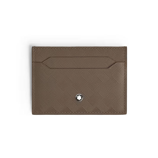 The Montblanc Extreme 3.0 5cc Leather Card Holder features brown textured noisette leather, a geometric motif, a single card slot, and is finished with a small white star emblem near the bottom center.