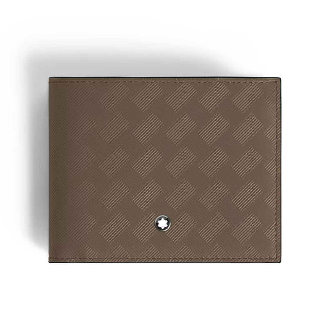 The Montblanc Extreme 3.0 6CC Leather Wallet features a brown leather finish with a subtle geometric motif and a small circular metal emblem near the bottom center, shown against a white background.