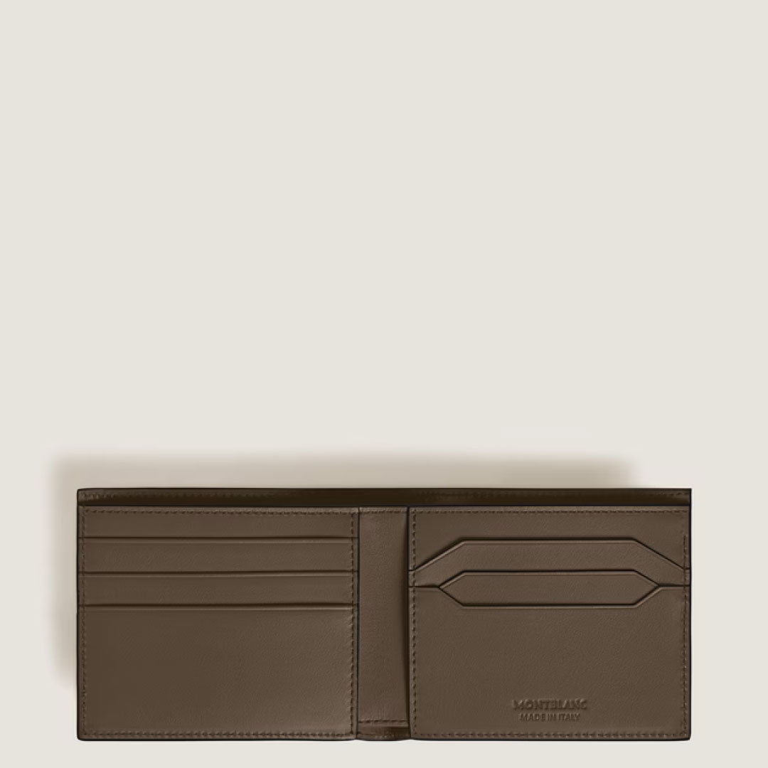 The Montblanc Extreme 3.0 6CC Leather Wallet in brown is displayed open, showing multiple card slots and compartments against a plain light background.