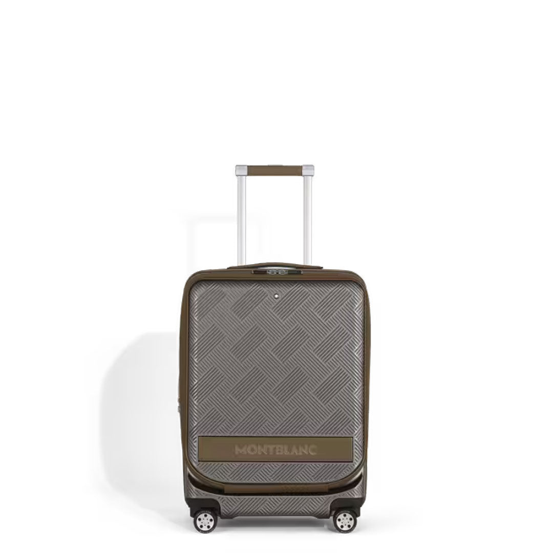 The Montblanc Extreme 3.0 Cabin Luggage with Pocket, a gray hard-shell polycarbonate suitcase with a geometric pattern, four wheels, TSA lock, and telescopic handle by Montblanc is shown upright against a white background.