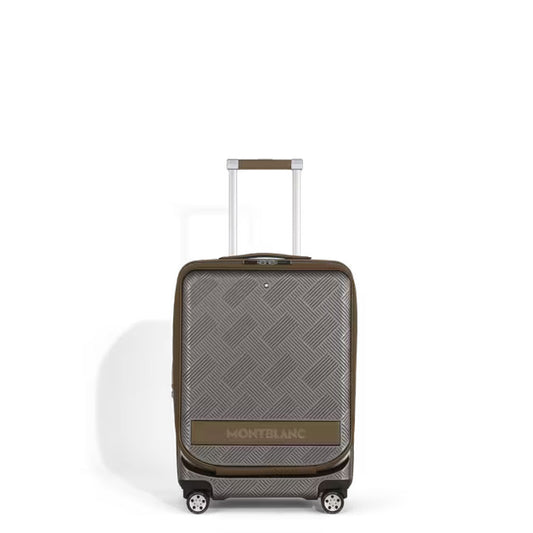 The Montblanc Extreme 3.0 Cabin Luggage with Pocket, a gray hard-shell polycarbonate suitcase with a geometric pattern, four wheels, TSA lock, and telescopic handle by Montblanc is shown upright against a white background.